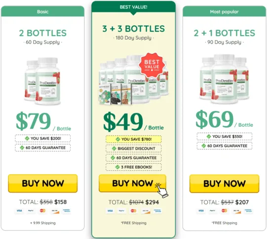ProDentim Pricing Packages — 2 Bottle, 3 Bottle and 6 Bottle Options with 60-Day Guarantee